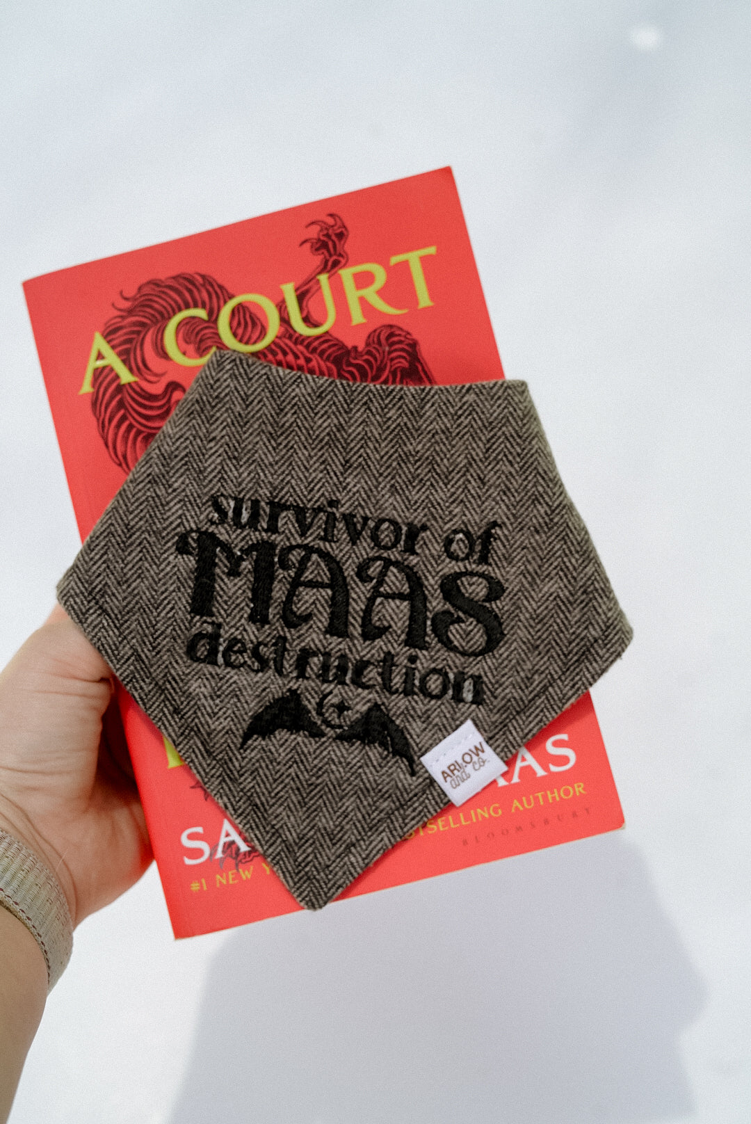 Herringbone Flannel Survivor of Maas Destruction Embroidered Book Bandana | Book Inspired Pet Bandanas for Dogs & Cats