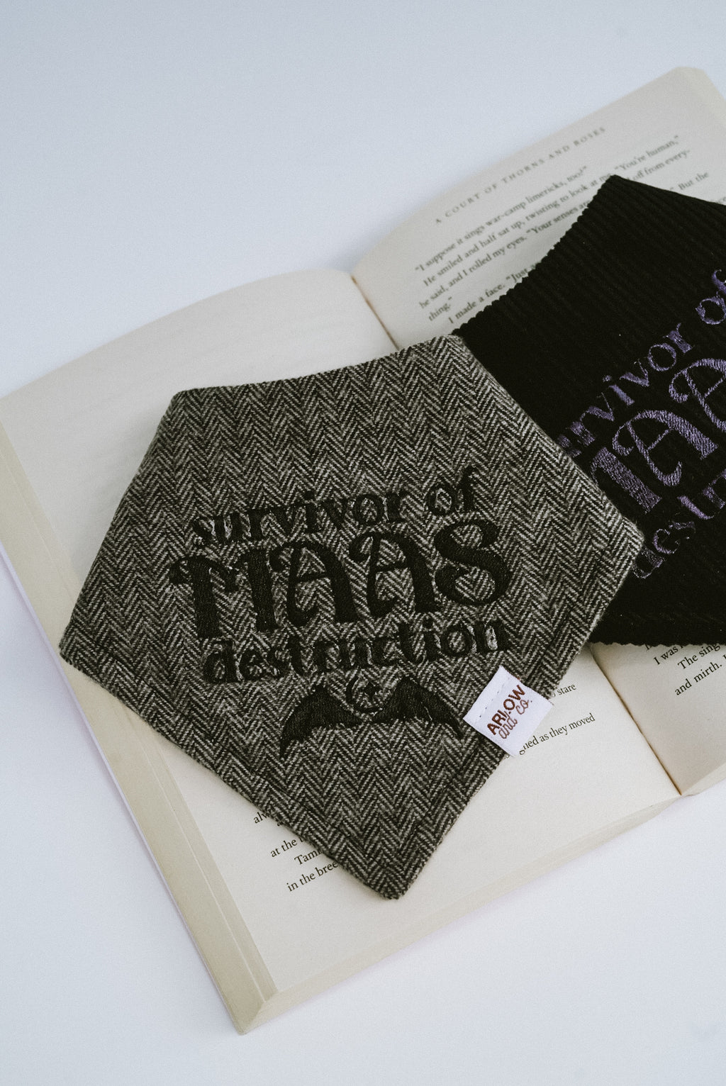 Herringbone Flannel Survivor of Maas Destruction Embroidered Book Bandana | Book Inspired Pet Bandanas for Dogs & Cats