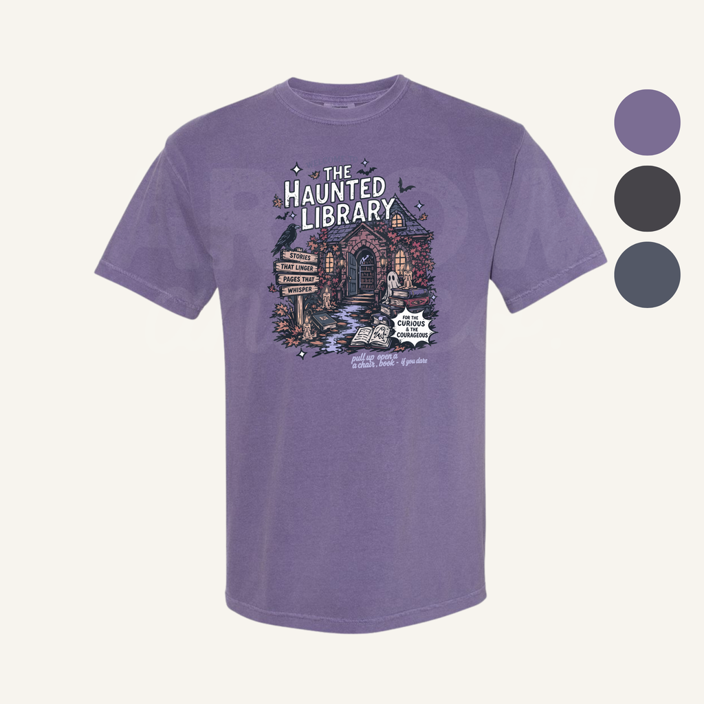 Haunted Library Graphic T-Shirt | Seasonal Halloween Bookish Apparel