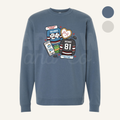 Blue sweatshirt with hockey sports-themed graphics on a white background
